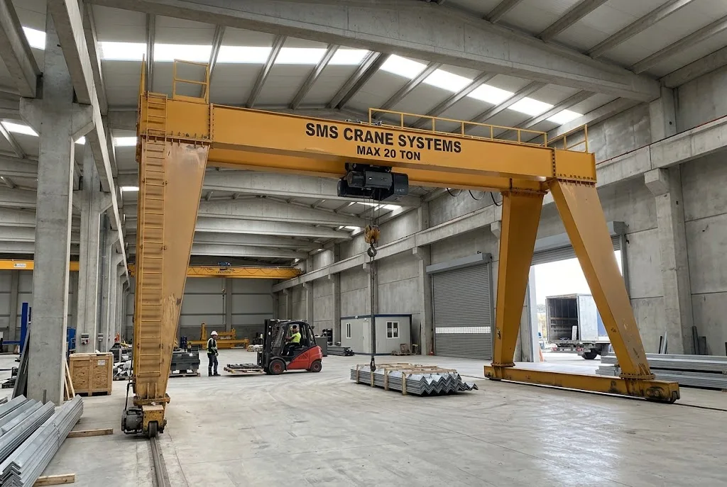 SMS Vinç imalatı tam portal vinç — açık saha, forklift ile yükleme